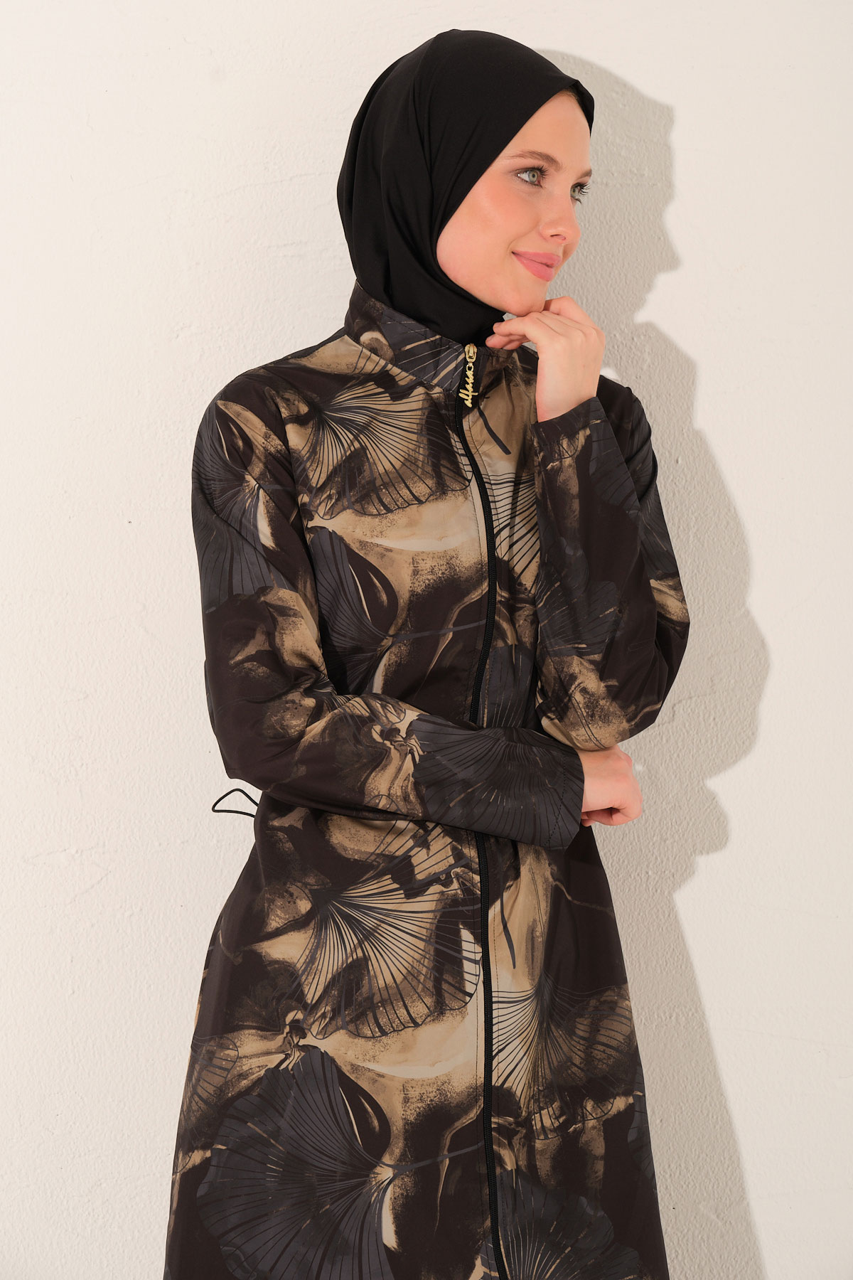 Alfasa Kadın Tam Kapalı Tesettür Mayo Beli Lastikli Fermuarlı Uzun Düz Paça Desenli - Siyah - Thumbnail