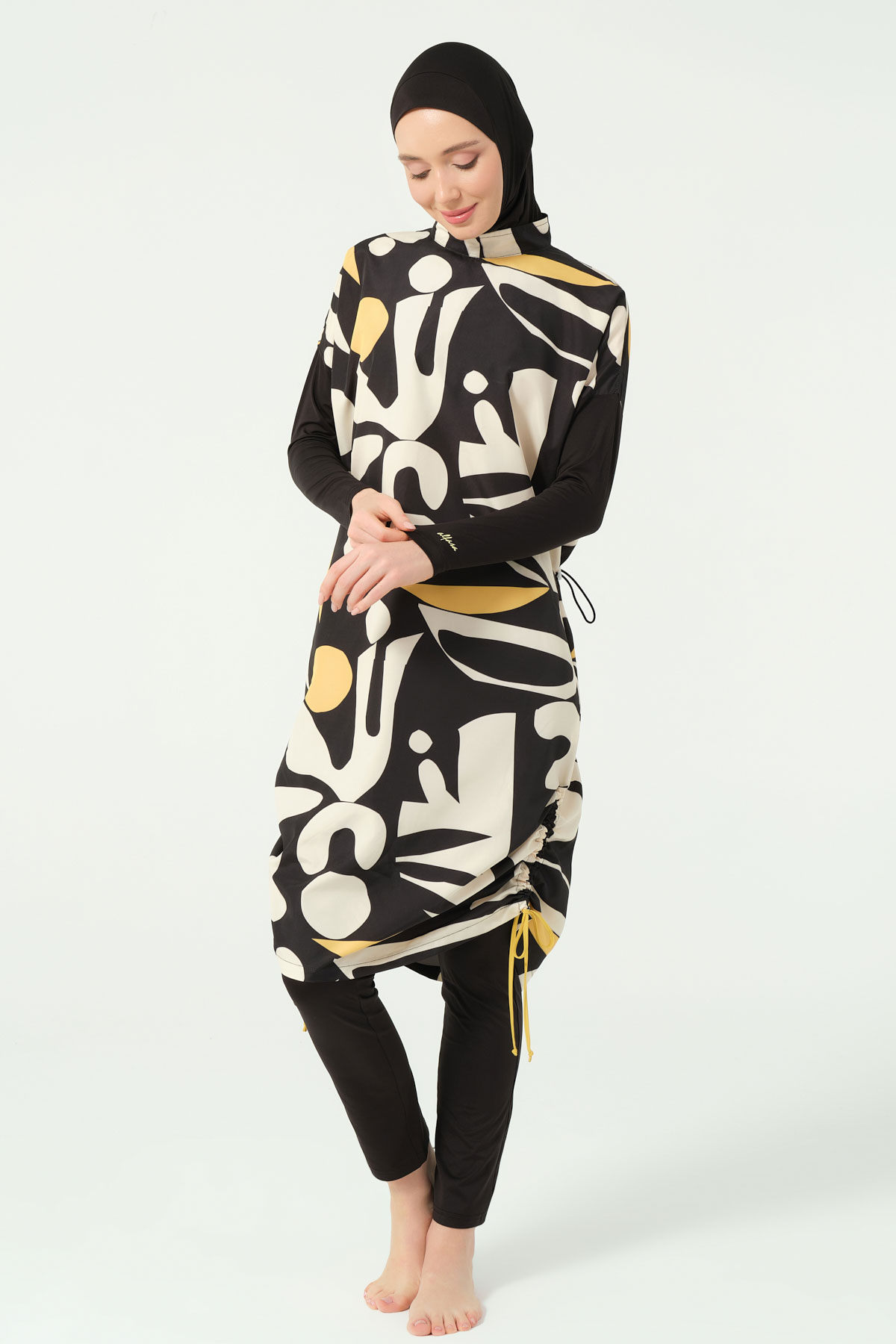 Alfasa Kadın Tam Kapalı Tesettür Mayo Beli Lastikli Likralı Düz Paça Desenli - Siyah - Thumbnail