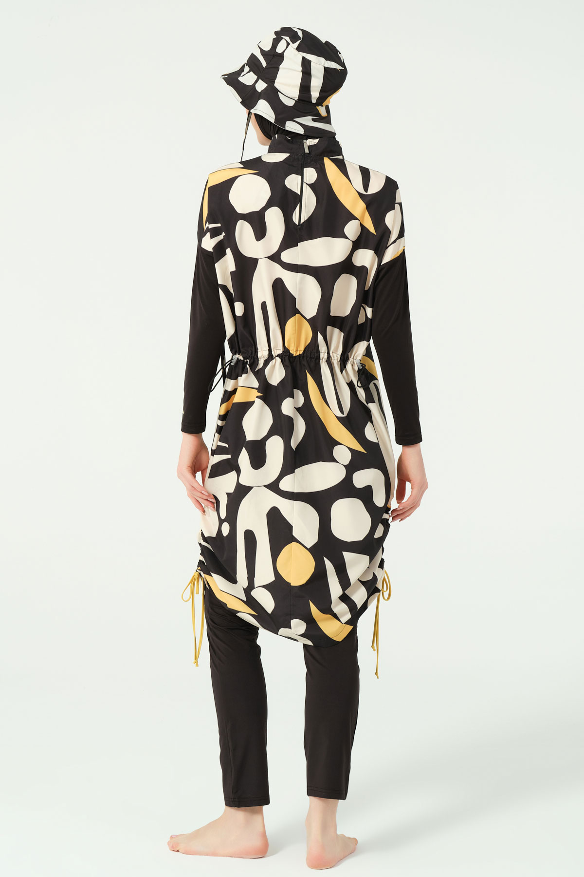 Alfasa Kadın Tam Kapalı Tesettür Mayo Beli Lastikli Likralı Düz Paça Desenli - Siyah - Thumbnail