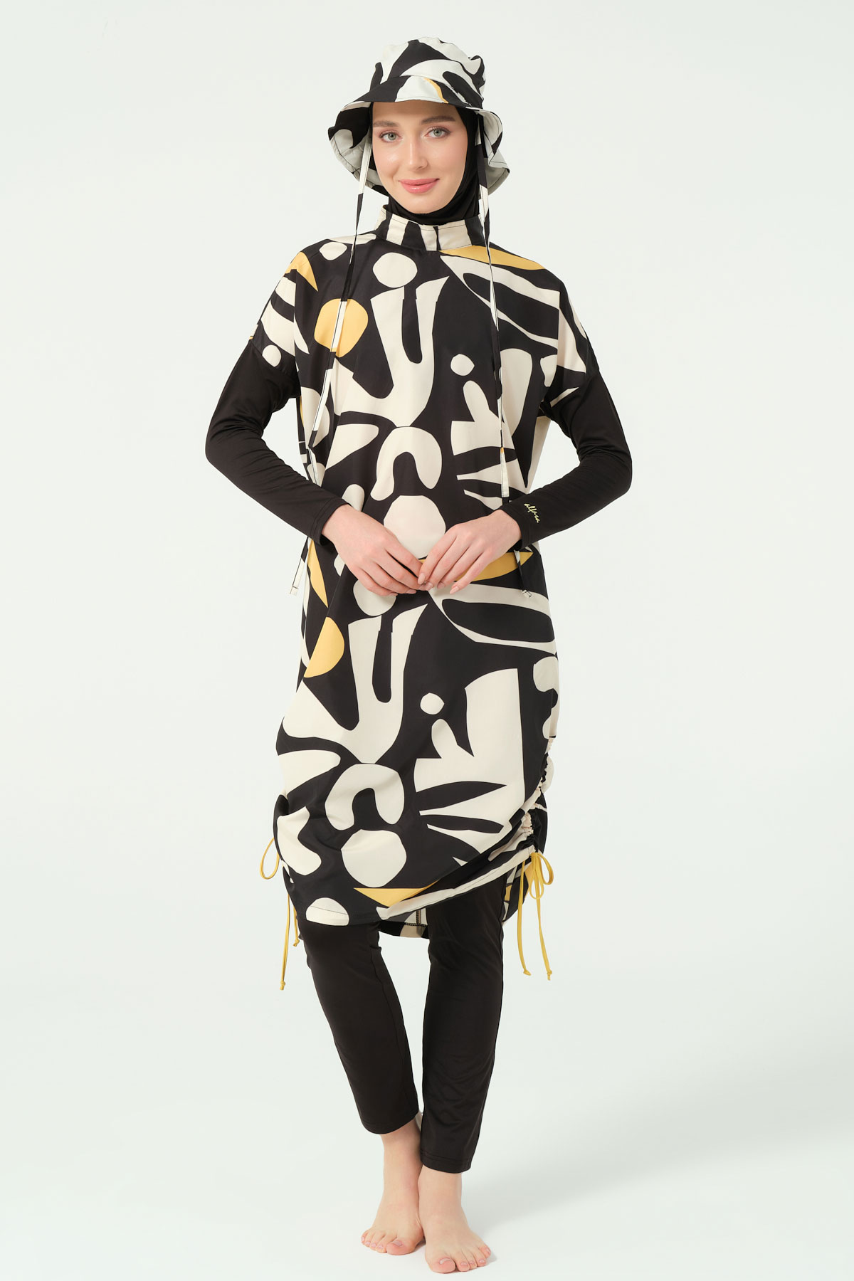 Alfasa Kadın Tam Kapalı Tesettür Mayo Beli Lastikli Likralı Düz Paça Desenli - Siyah - Thumbnail