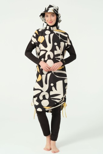 ALFASA - Alfasa Kadın Tam Kapalı Tesettür Mayo Beli Lastikli Likralı Düz Paça Desenli - Siyah