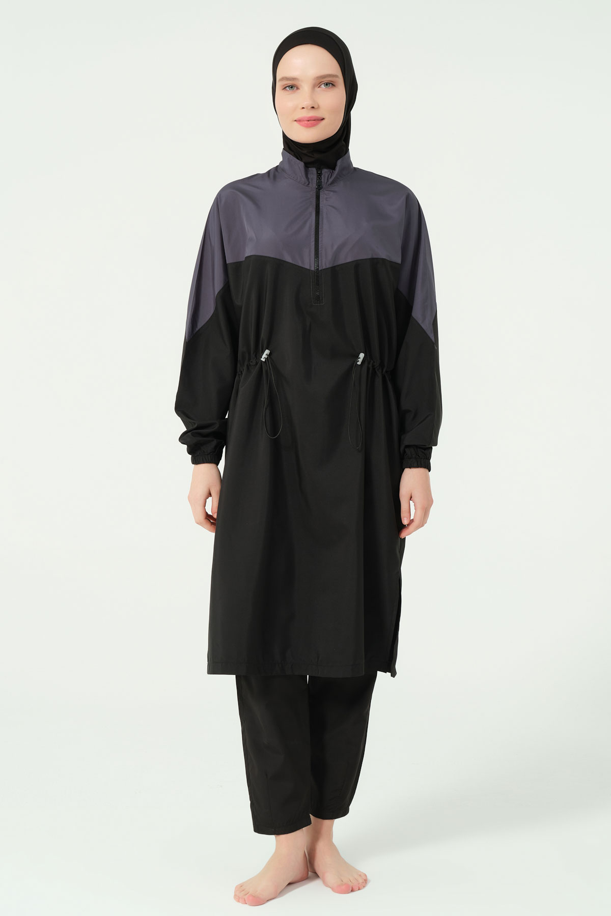 Alfasa Kadın Tam Kapalı Tesettür Mayo Beli Lastikli Paraşüt Kumaş Düz Paça - Antrasit - Thumbnail