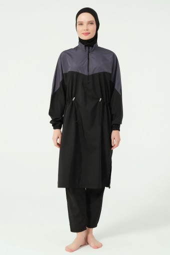 ALFASA - Alfasa Kadın Tam Kapalı Tesettür Mayo Beli Lastikli Paraşüt Kumaş Düz Paça - Antrasit