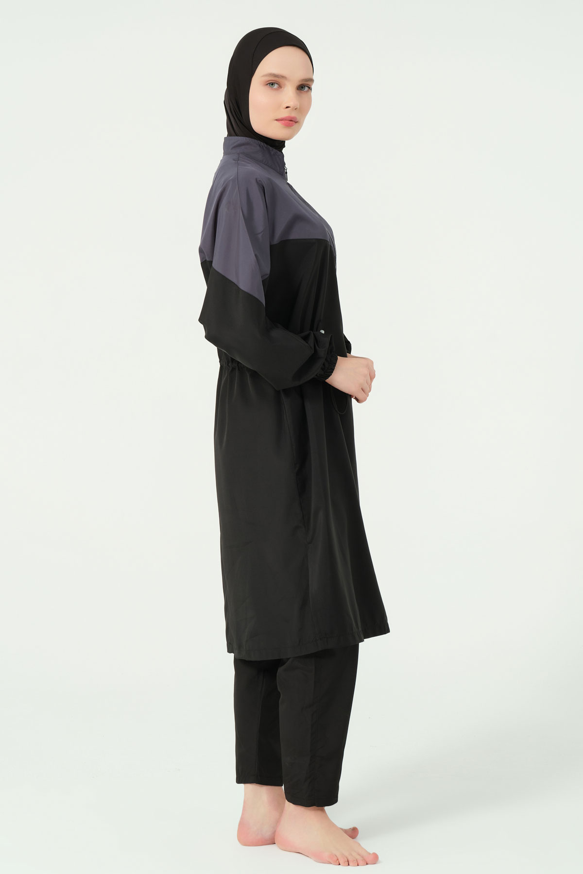 Alfasa Kadın Tam Kapalı Tesettür Mayo Beli Lastikli Paraşüt Kumaş Düz Paça - Antrasit - Thumbnail
