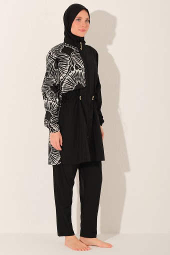 ALFASA - Alfasa Kadın Tam Kapalı Tesettür Mayo Beli Lastikli Paraşüt Kumaş Düz Paça Desenli - Siyah