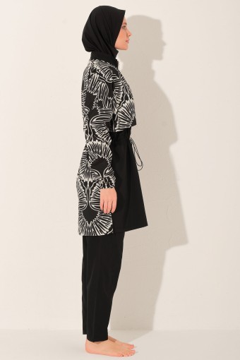 ALFASA - Alfasa Kadın Tam Kapalı Tesettür Mayo Beli Lastikli Paraşüt Kumaş Düz Paça Desenli - Siyah (1)
