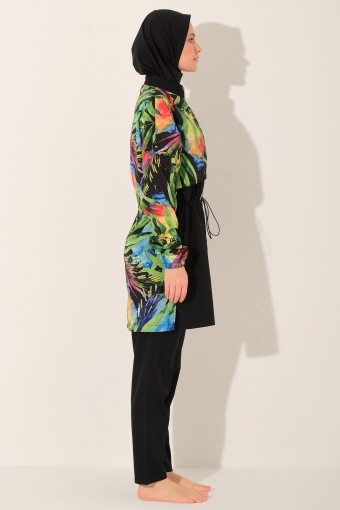 ALFASA - Alfasa Kadın Tam Kapalı Tesettür Mayo Beli Lastikli Paraşüt Kumaş Düz Paça Desenli - Siyah