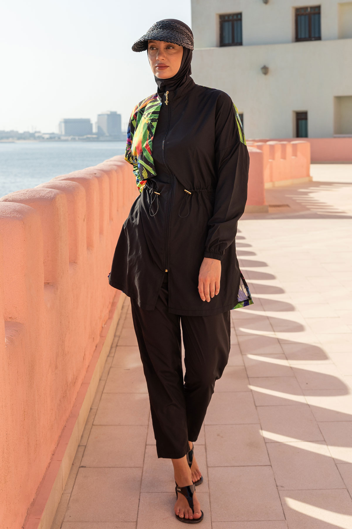 Alfasa Kadın Tam Kapalı Tesettür Mayo Beli Lastikli Paraşüt Kumaş Düz Paça Desenli - Siyah - Thumbnail