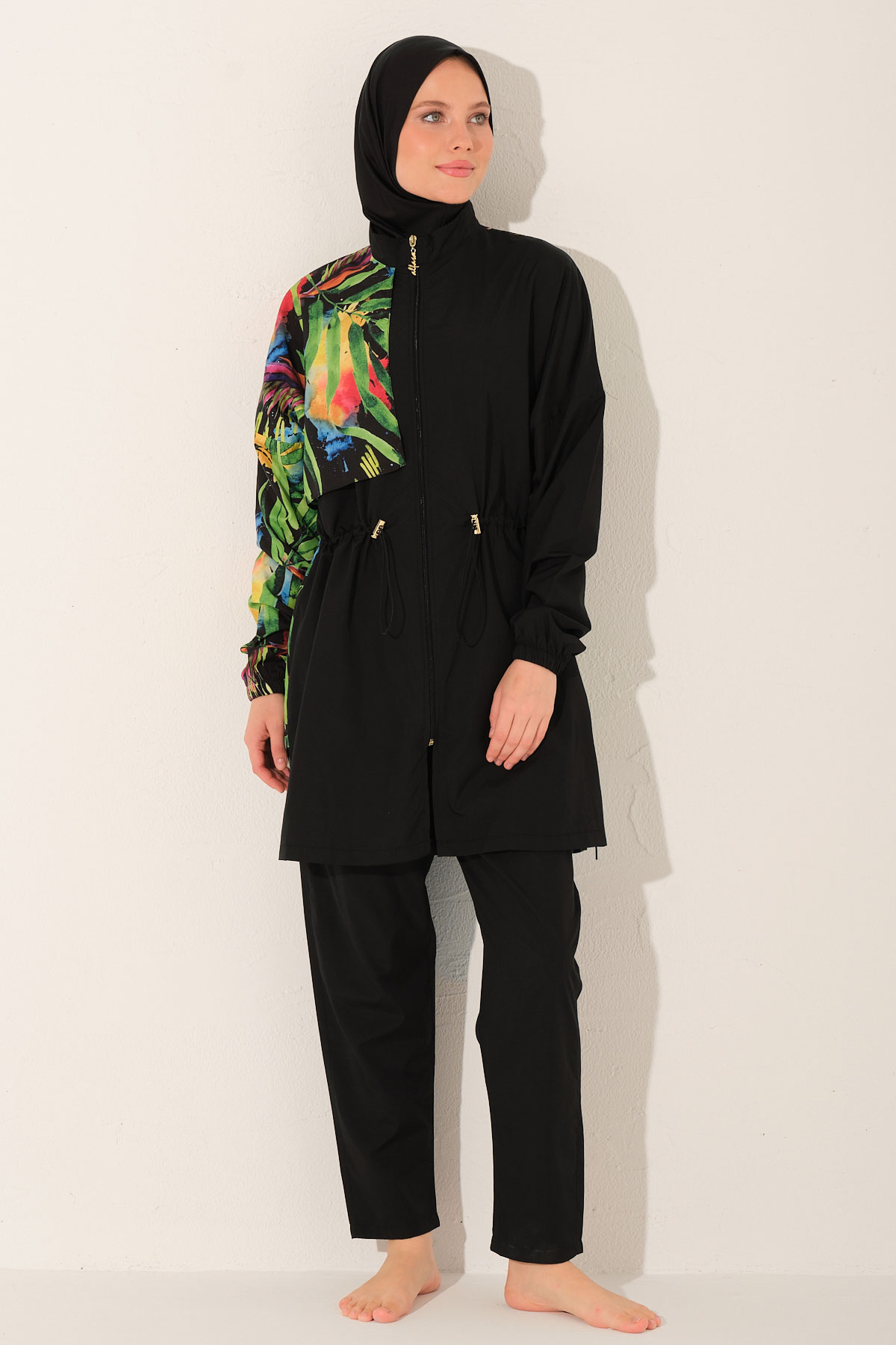 Alfasa Kadın Tam Kapalı Tesettür Mayo Beli Lastikli Paraşüt Kumaş Düz Paça Desenli - Siyah - Thumbnail
