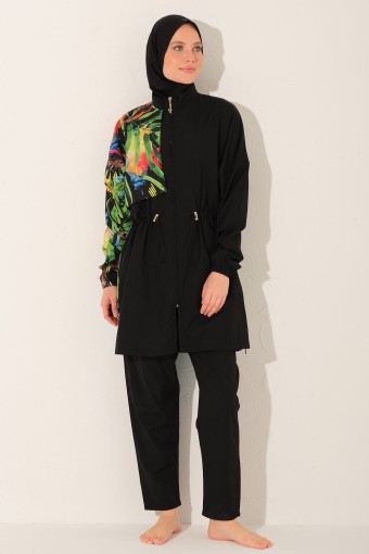 ALFASA - Alfasa Kadın Tam Kapalı Tesettür Mayo Beli Lastikli Paraşüt Kumaş Düz Paça Desenli - Siyah
