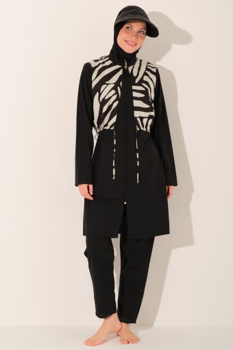 ALFASA - Alfasa Kadın Tam Kapalı Tesettür Mayo Beli Lastikli Paraşüt Kumaş Düz Paça Desenli - Siyah