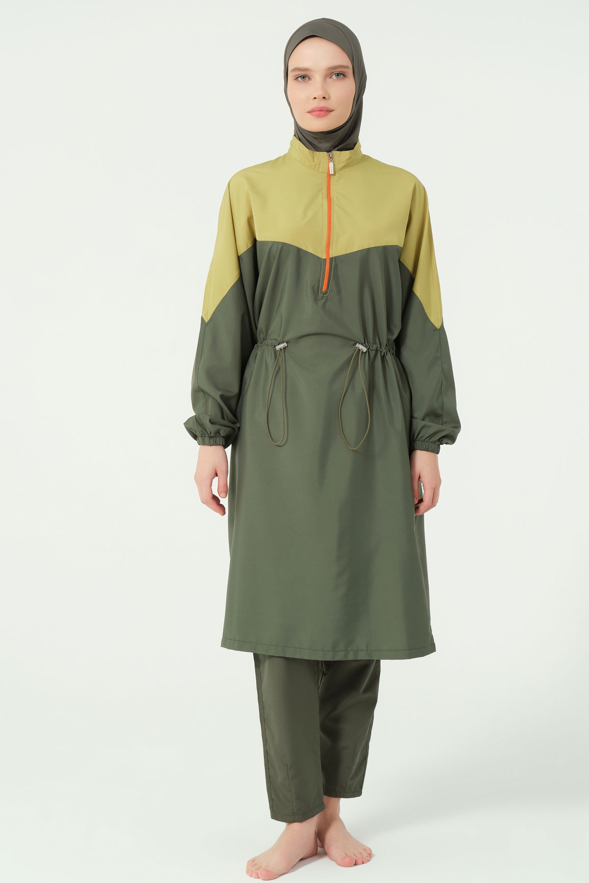 Alfasa Kadın Tam Kapalı Tesettür Mayo Beli Lastikli Paraşüt Kumaş Düz Paça - Yağ Yeşili - Thumbnail
