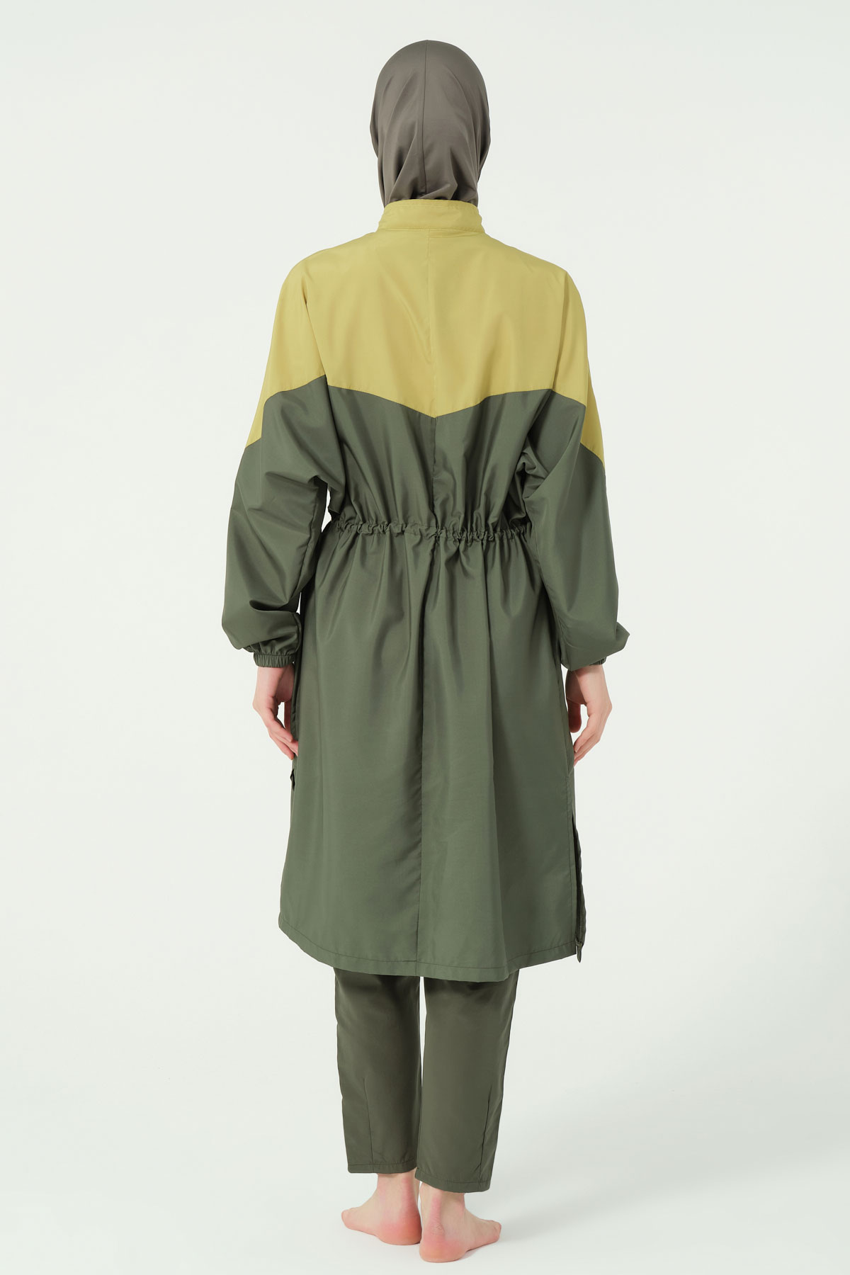 Alfasa Kadın Tam Kapalı Tesettür Mayo Beli Lastikli Paraşüt Kumaş Düz Paça - Yağ Yeşili - Thumbnail