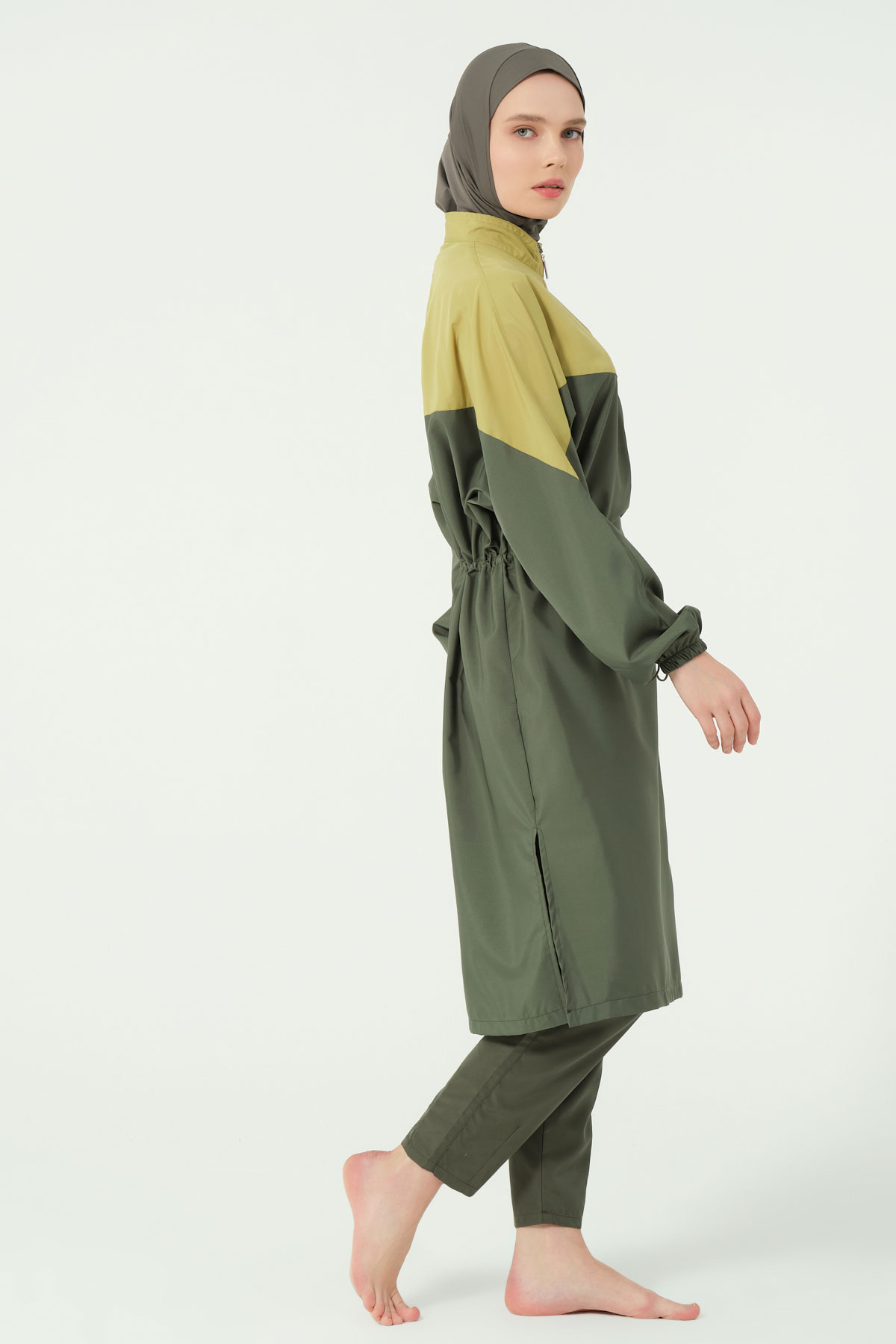 Alfasa Kadın Tam Kapalı Tesettür Mayo Beli Lastikli Paraşüt Kumaş Düz Paça - Yağ Yeşili - Thumbnail