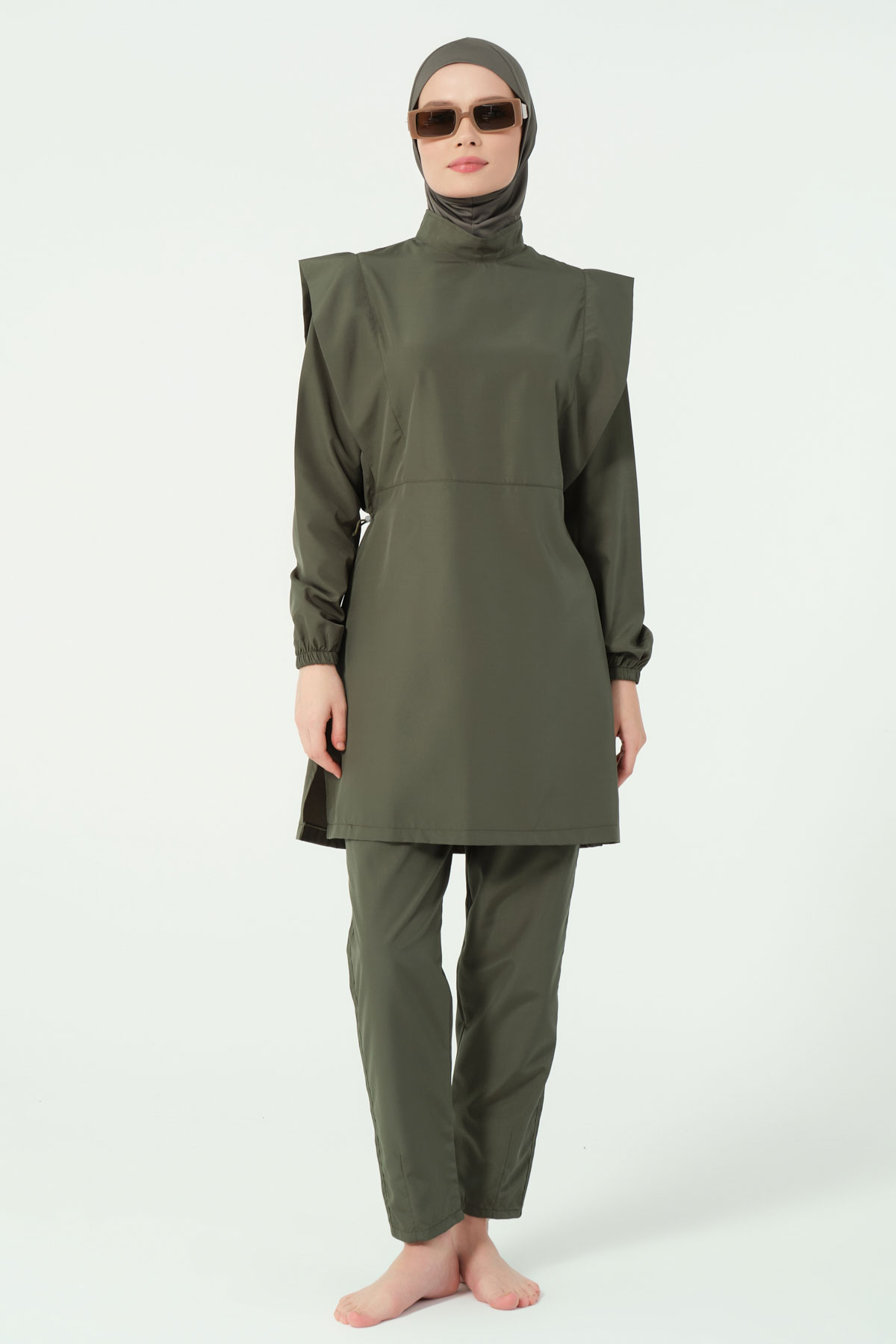 Alfasa Kadın Tam Kapalı Tesettür Mayo Beli Lastikli Vatka Kol Paraşüt Kumaş Düz Paça - Haki Yeşili - Thumbnail