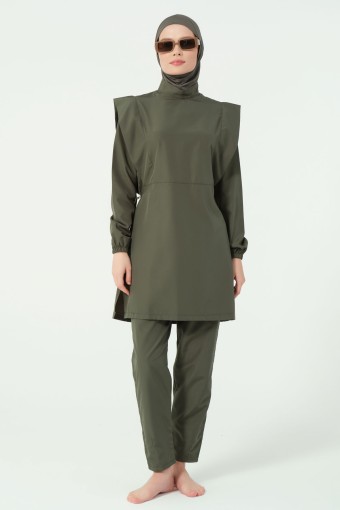ALFASA - Alfasa Kadın Tam Kapalı Tesettür Mayo Beli Lastikli Vatka Kol Paraşüt Kumaş Düz Paça - Haki Yeşili