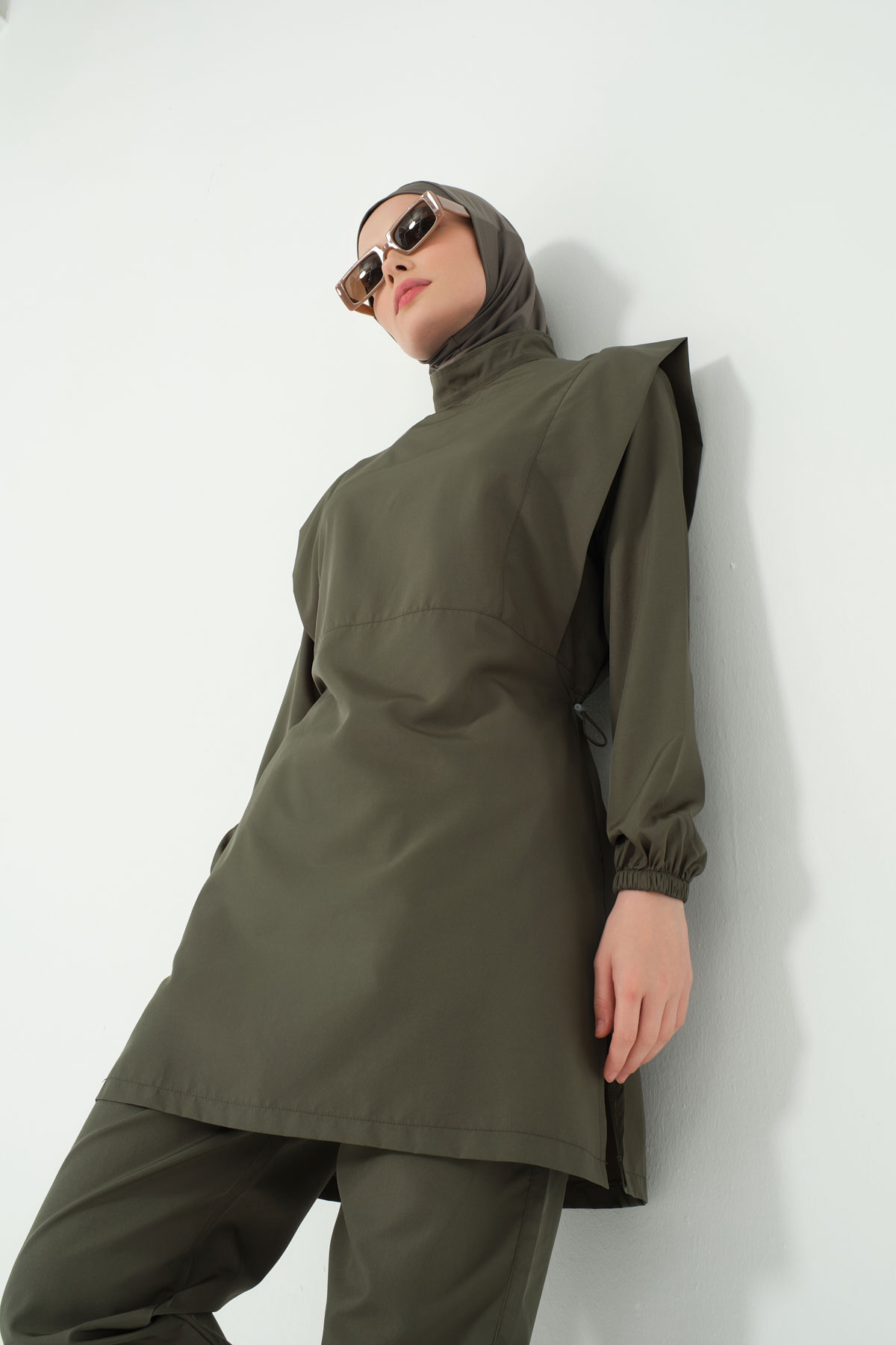 Alfasa Kadın Tam Kapalı Tesettür Mayo Beli Lastikli Vatka Kol Paraşüt Kumaş Düz Paça - Haki Yeşili - Thumbnail