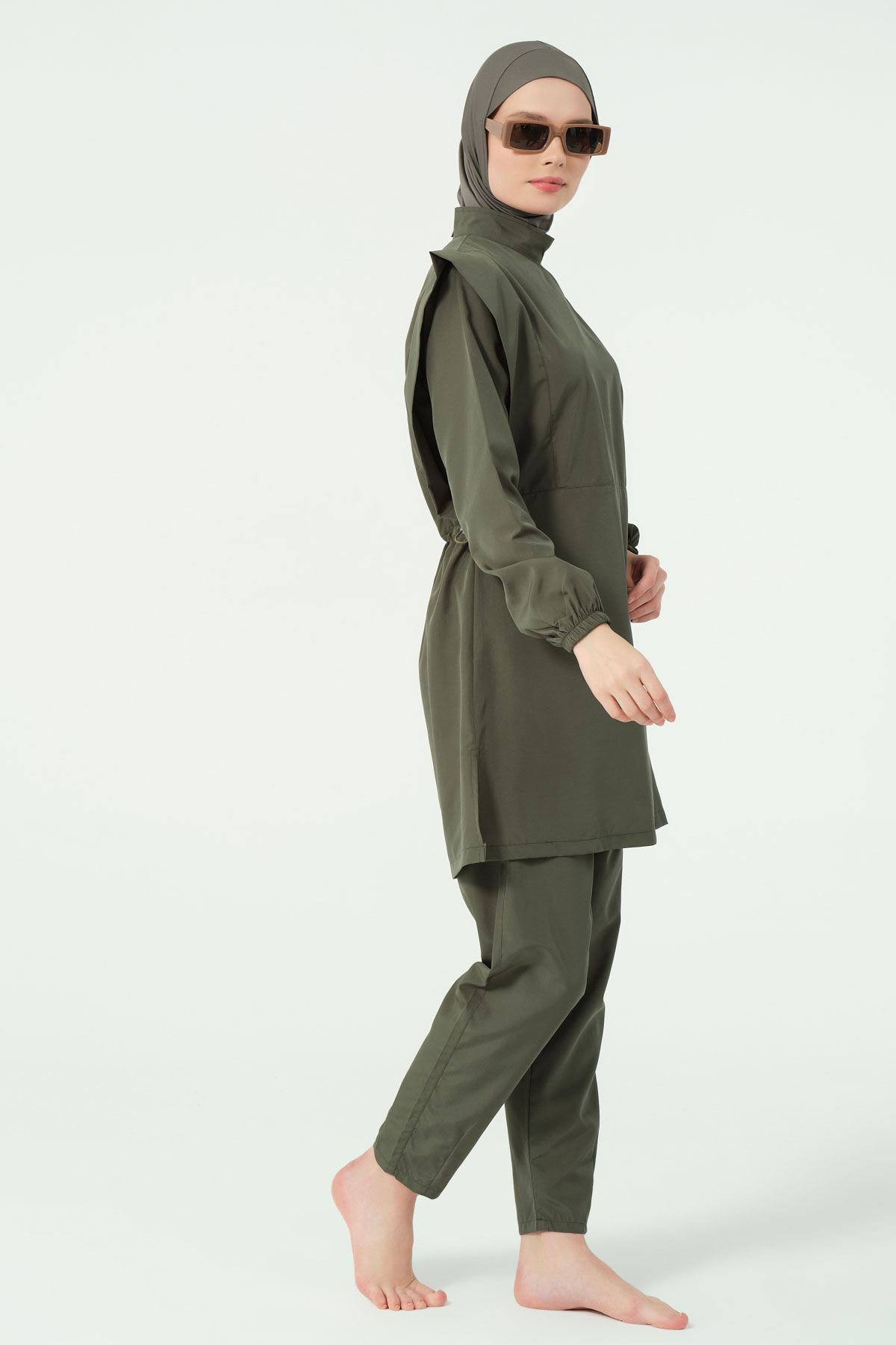 Alfasa Kadın Tam Kapalı Tesettür Mayo Beli Lastikli Vatka Kol Paraşüt Kumaş Düz Paça - Haki Yeşili - Thumbnail