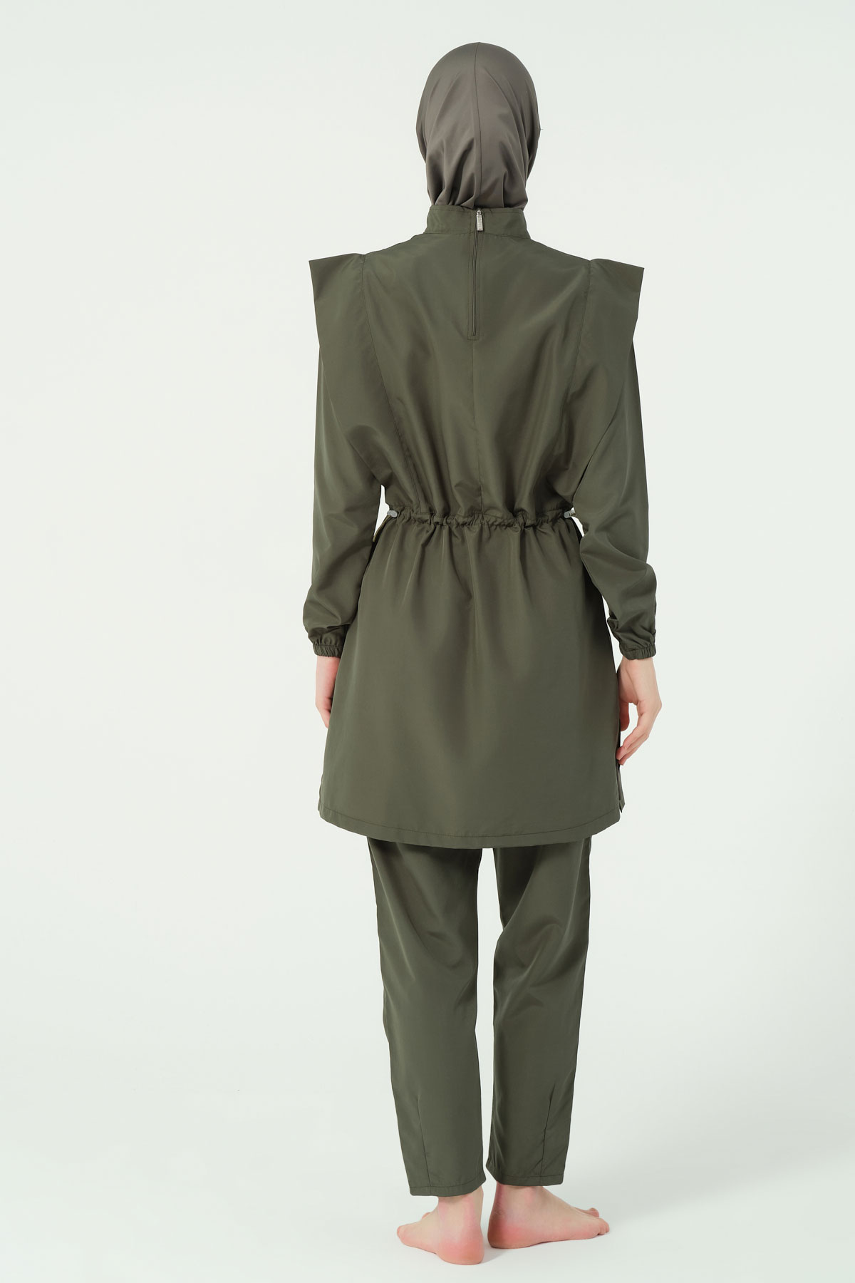 Alfasa Kadın Tam Kapalı Tesettür Mayo Beli Lastikli Vatka Kol Paraşüt Kumaş Düz Paça - Haki Yeşili - Thumbnail