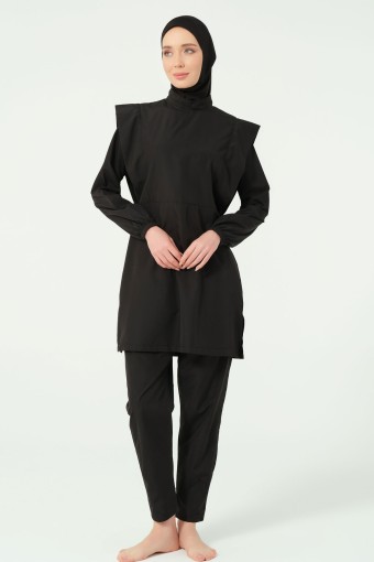 ALFASA - Alfasa Kadın Tam Kapalı Tesettür Mayo Beli Lastikli Vatka Kol Paraşüt Kumaş Düz Paça - Siyah