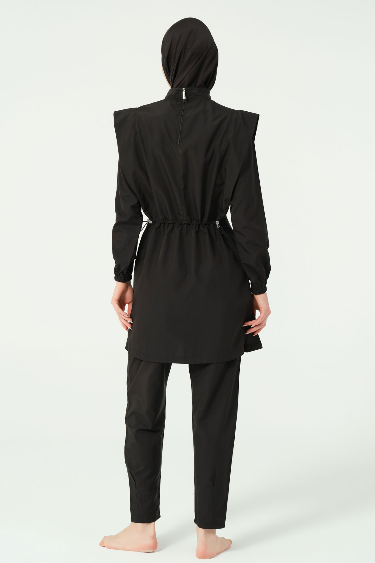 Alfasa Kadın Tam Kapalı Tesettür Mayo Beli Lastikli Vatka Kol Paraşüt Kumaş Düz Paça - Siyah - Thumbnail