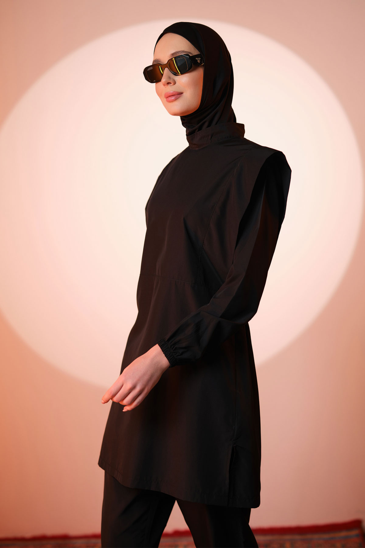 Alfasa Kadın Tam Kapalı Tesettür Mayo Beli Lastikli Vatka Kol Paraşüt Kumaş Düz Paça - Siyah - Thumbnail