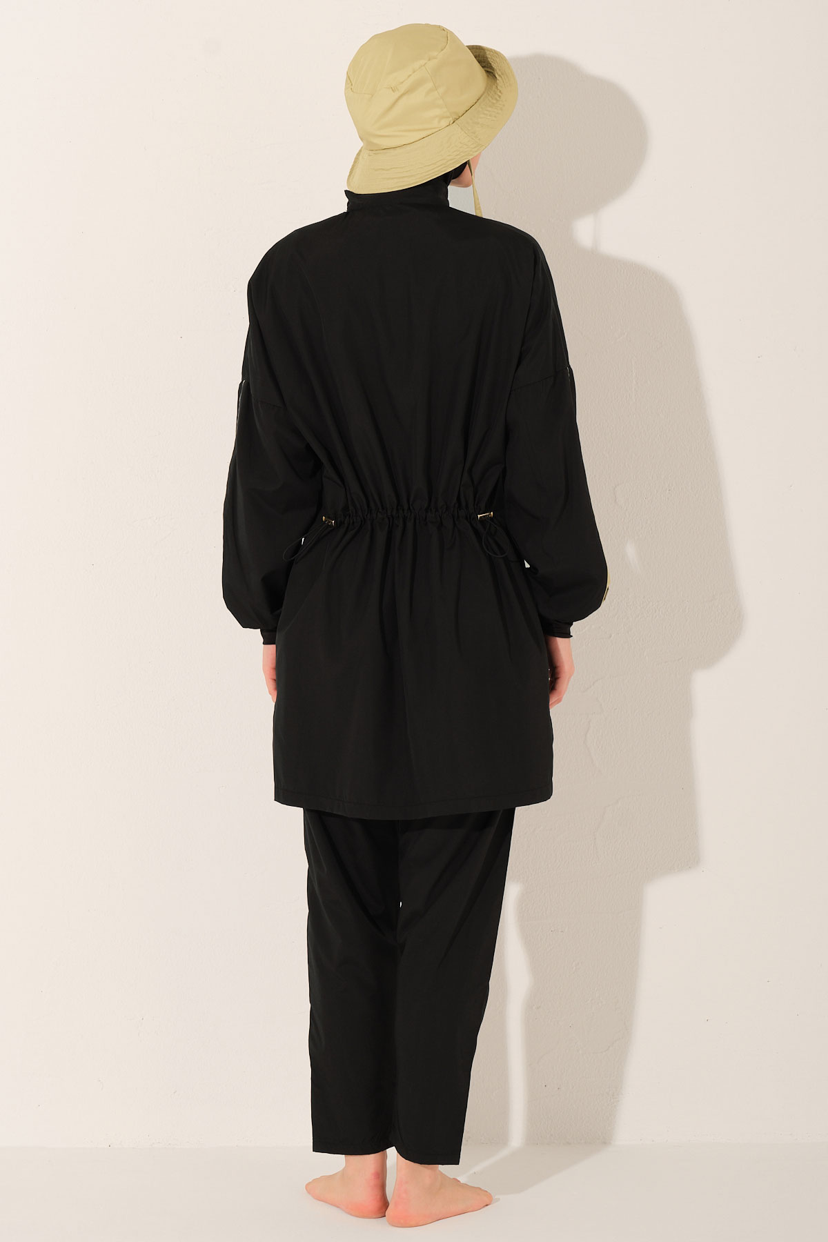 Alfasa Kadın Tam Kapalı Tesettür Mayo Büyük Beden Beli Lastikli Kepli Paraşüt Kumaş Düz Paça - Siyah - Thumbnail