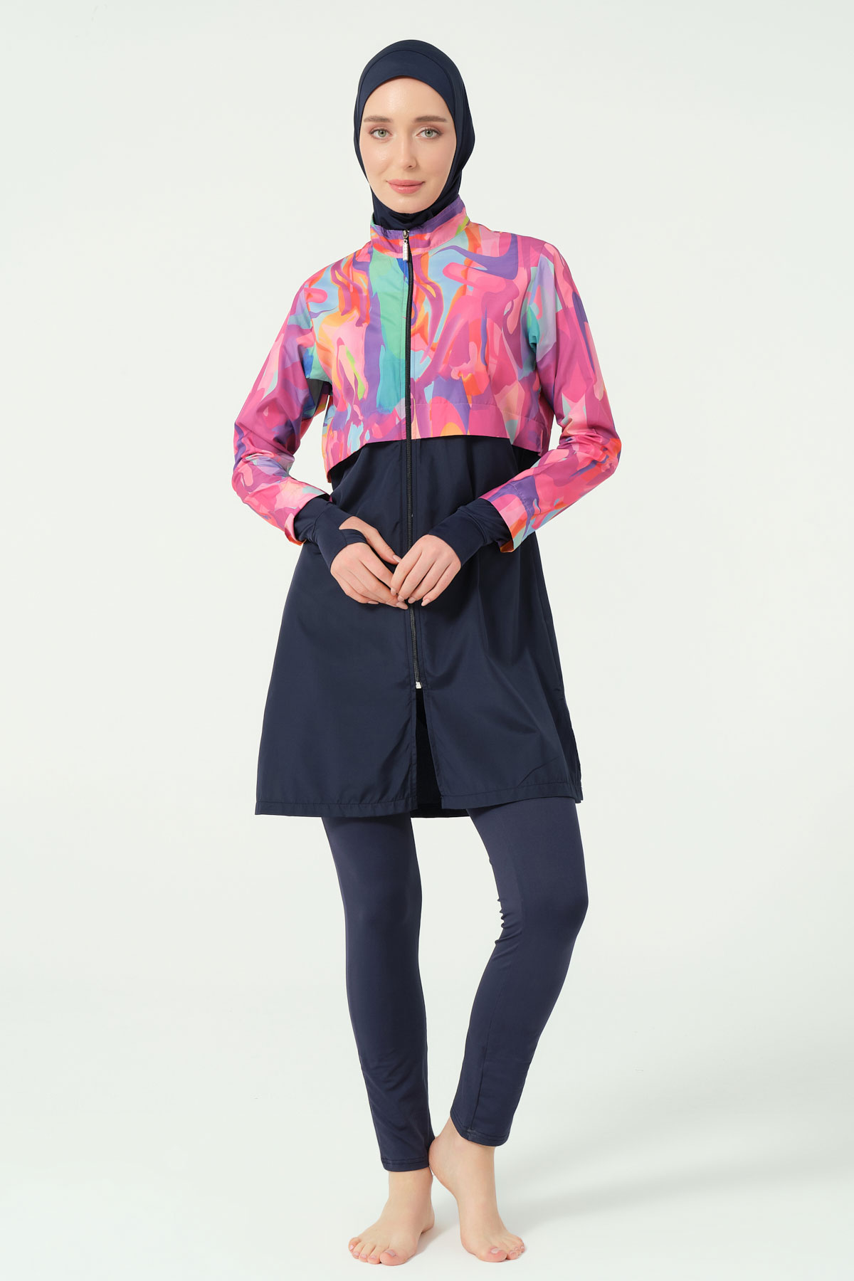 Alfasa Kadın Tam Kapalı Tesettür Mayo Büyük Beden Parmak Detaylı Croplu Paraşüt Düz Paça Desenli - Lacivert - Thumbnail