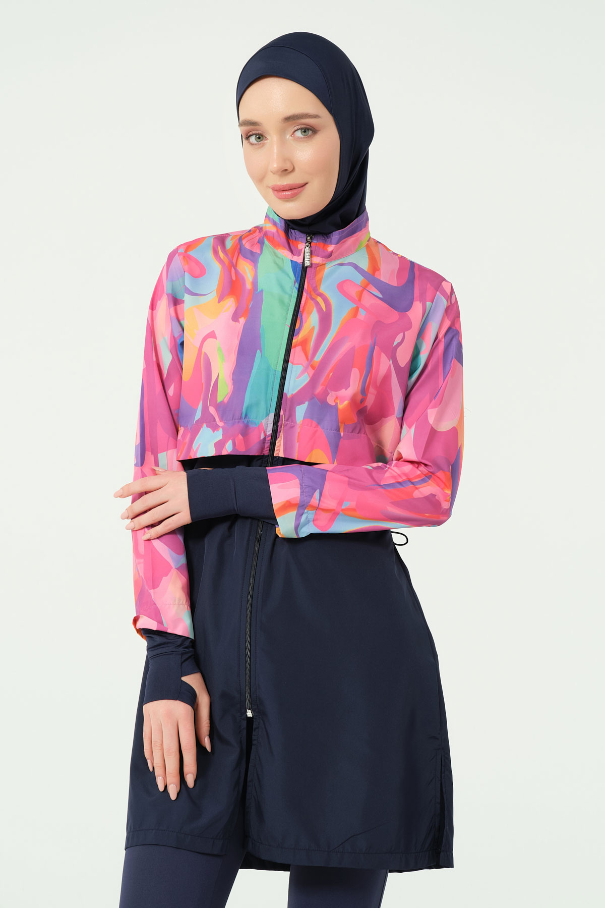 Alfasa Kadın Tam Kapalı Tesettür Mayo Büyük Beden Parmak Detaylı Croplu Paraşüt Düz Paça Desenli - Lacivert - Thumbnail