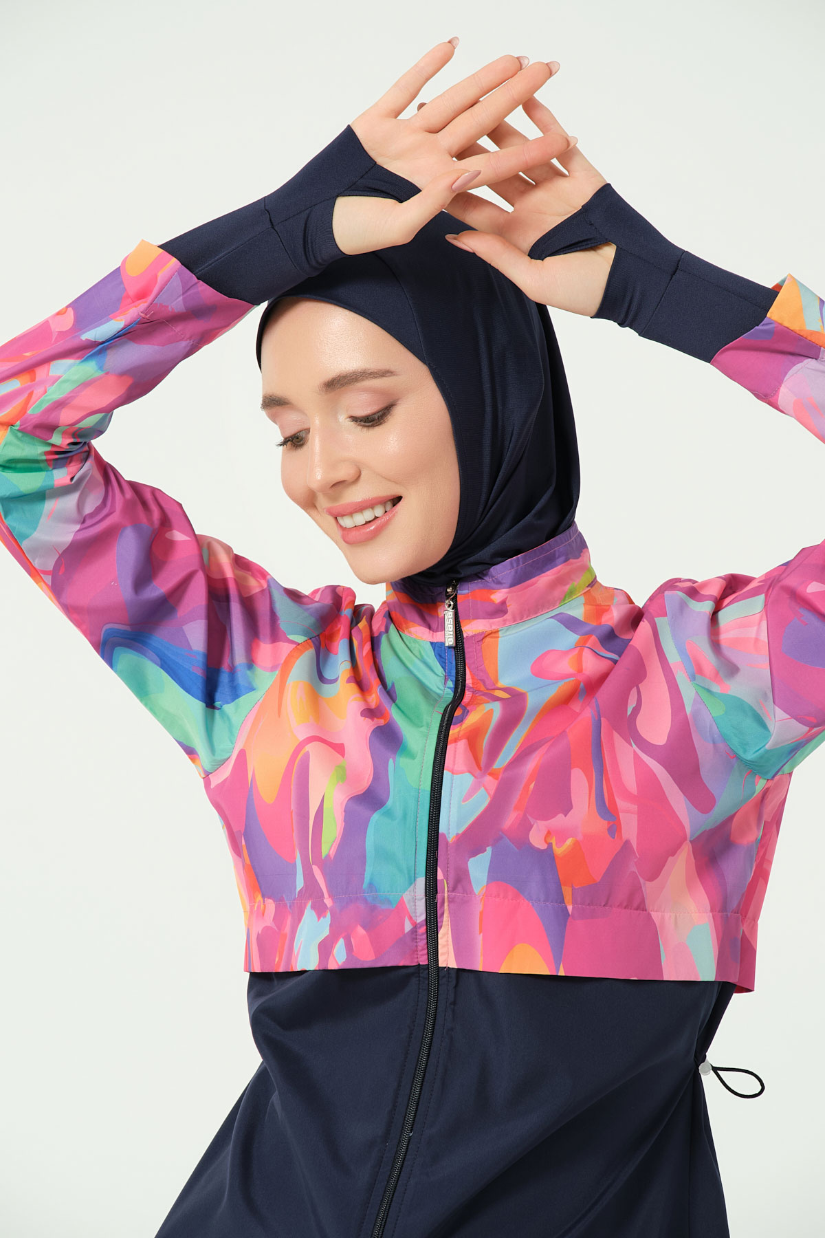 Alfasa Kadın Tam Kapalı Tesettür Mayo Büyük Beden Parmak Detaylı Croplu Paraşüt Düz Paça Desenli - Lacivert - Thumbnail