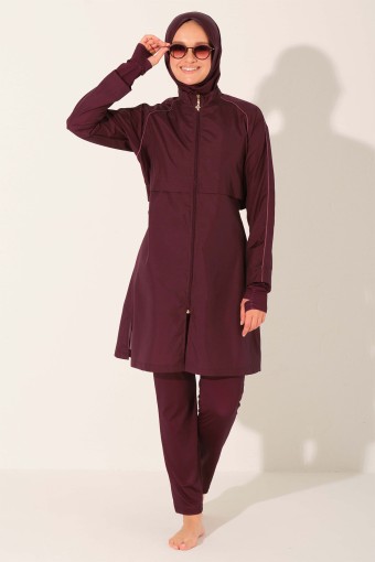 ALFASA - Alfasa Kadın Tam Kapalı Tesettür Mayo Crop Likralı Düz Paça Fermuarlı Biyeli - Mürdüm