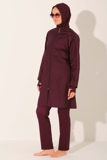 ALFASA - Alfasa Kadın Tam Kapalı Tesettür Mayo Crop Likralı Düz Paça Fermuarlı Biyeli - Mürdüm (1)