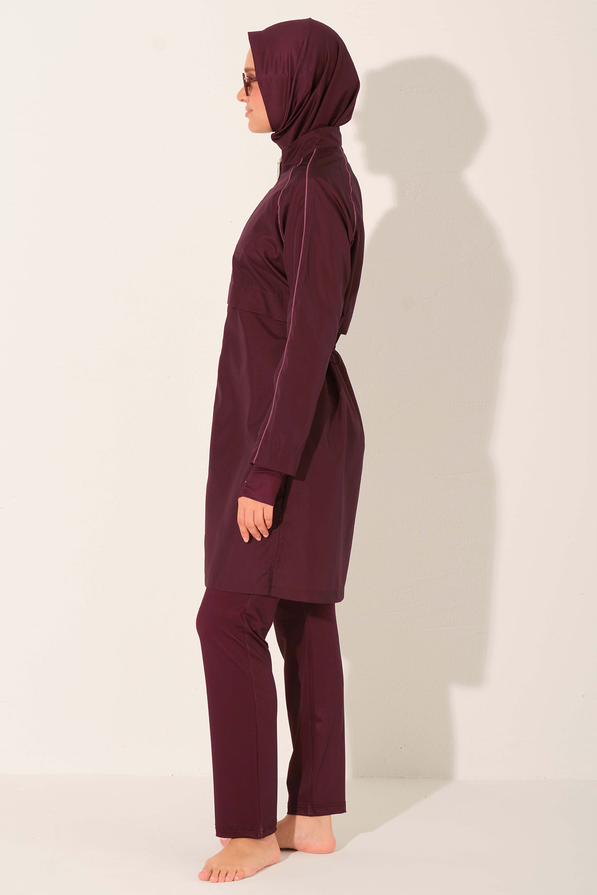 Alfasa Kadın Tam Kapalı Tesettür Mayo Crop Likralı Düz Paça Fermuarlı Biyeli - Mürdüm - Thumbnail