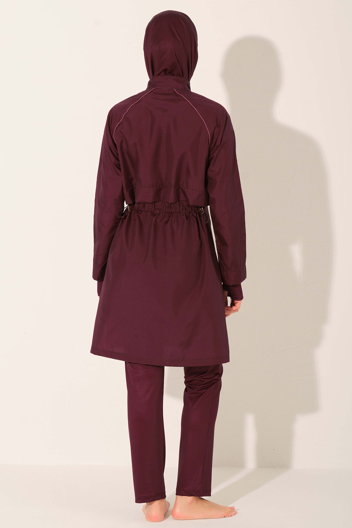 Alfasa Kadın Tam Kapalı Tesettür Mayo Crop Likralı Düz Paça Fermuarlı Biyeli - Mürdüm - Thumbnail