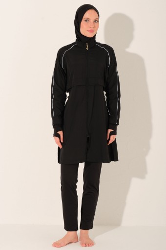 ALFASA - Alfasa Kadın Tam Kapalı Tesettür Mayo Crop Likralı Düz Paça Fermuarlı Biyeli - Siyah