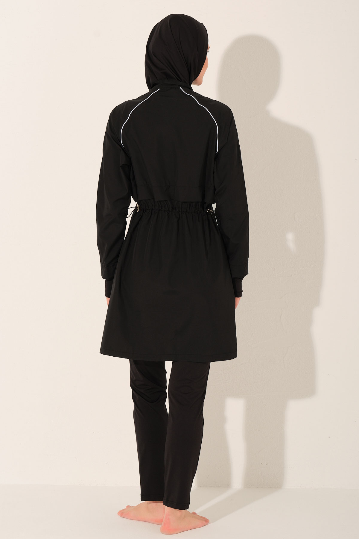 Alfasa Kadın Tam Kapalı Tesettür Mayo Crop Likralı Düz Paça Fermuarlı Biyeli - Siyah - Thumbnail