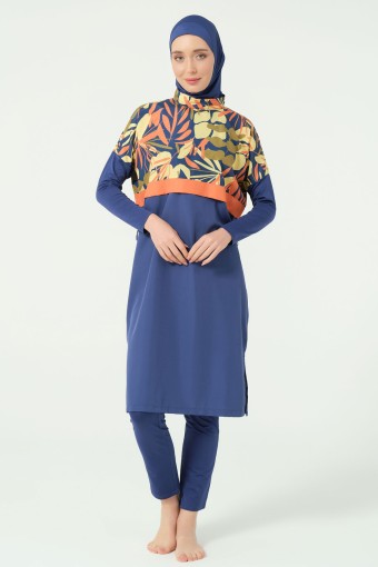 ALFASA - Alfasa Kadın Tam Kapalı Tesettür Mayo Croplu Beli Lastikli Likralı Düz Paça Desenli - İndigo