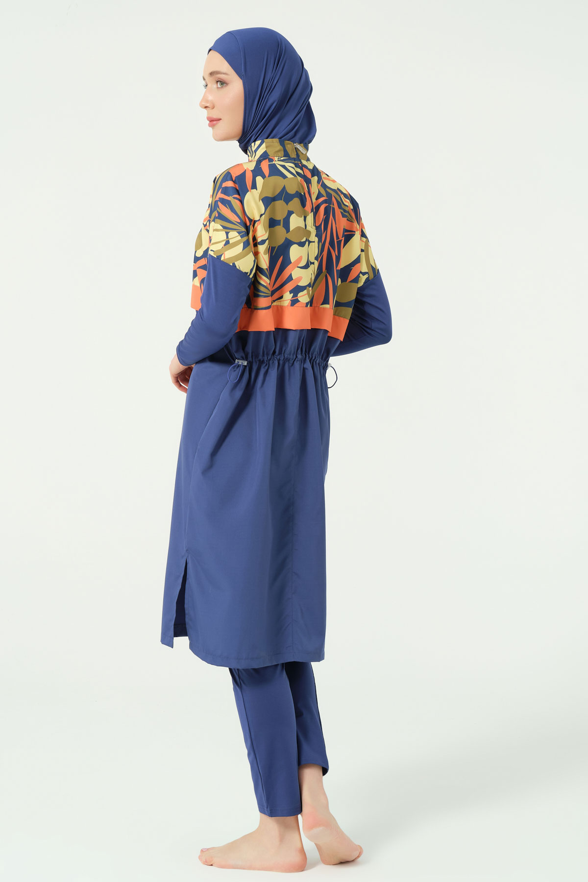 Alfasa Kadın Tam Kapalı Tesettür Mayo Croplu Beli Lastikli Likralı Düz Paça Desenli - İndigo - Thumbnail