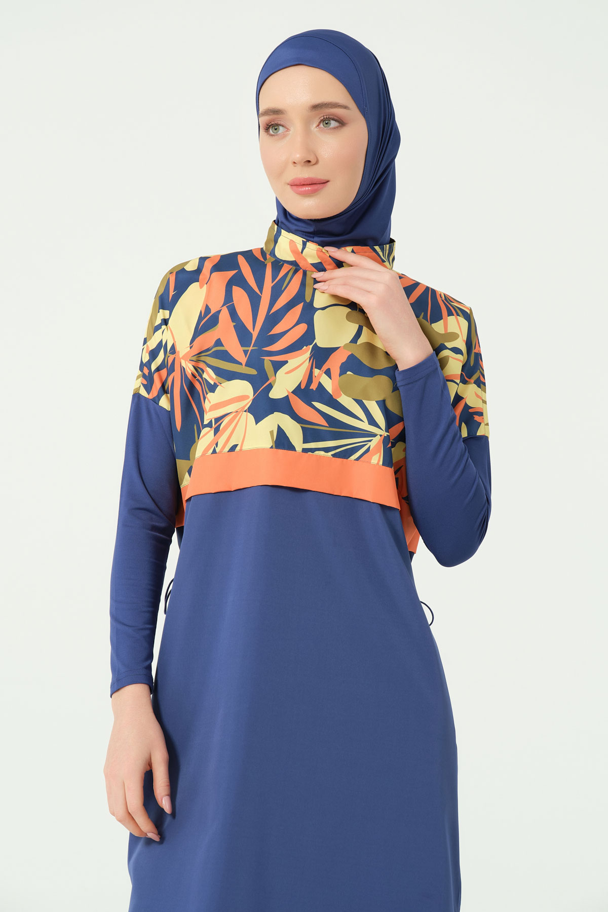 Alfasa Kadın Tam Kapalı Tesettür Mayo Croplu Beli Lastikli Likralı Düz Paça Desenli - İndigo - Thumbnail