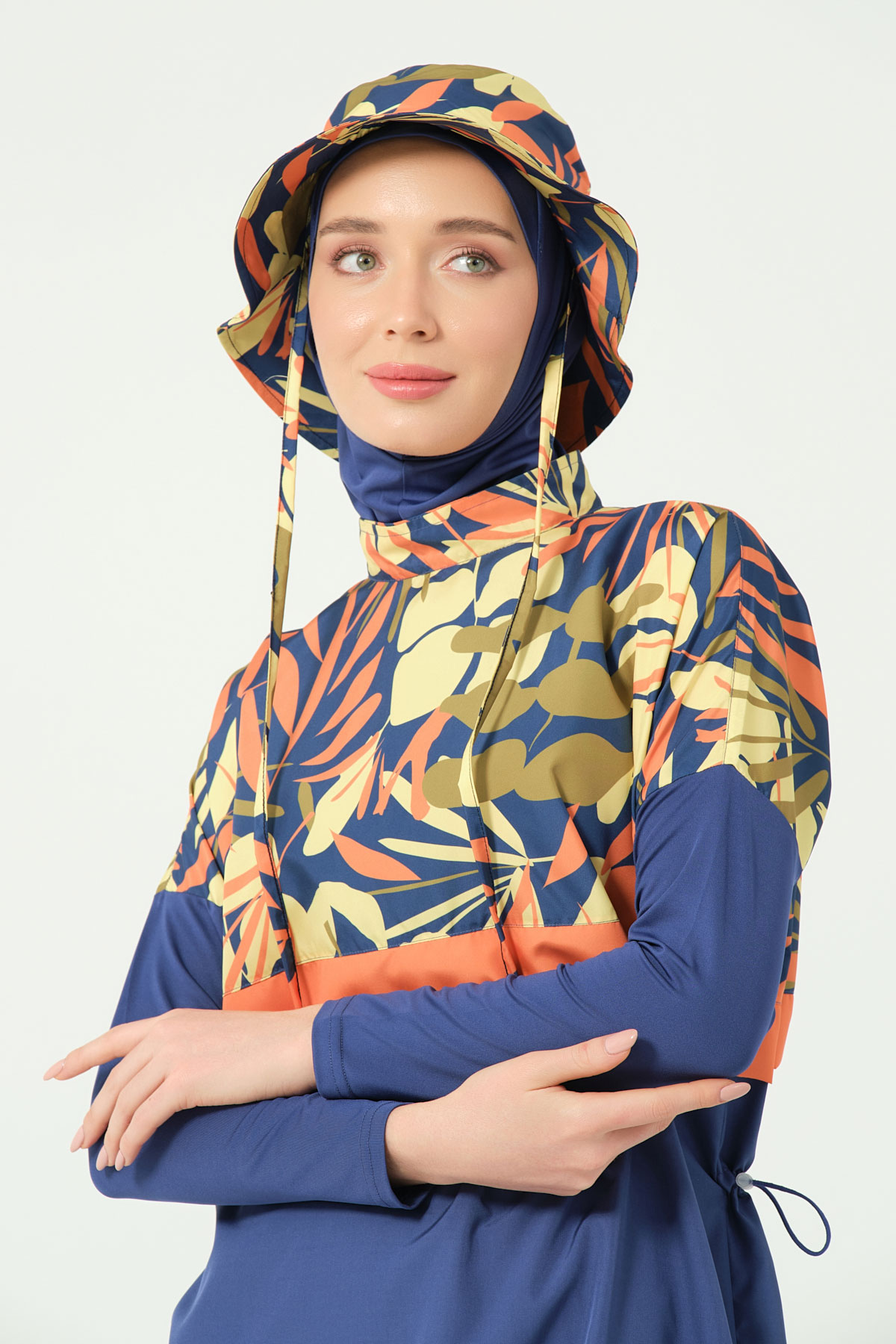 Alfasa Kadın Tam Kapalı Tesettür Mayo Croplu Beli Lastikli Likralı Düz Paça Desenli - İndigo - Thumbnail