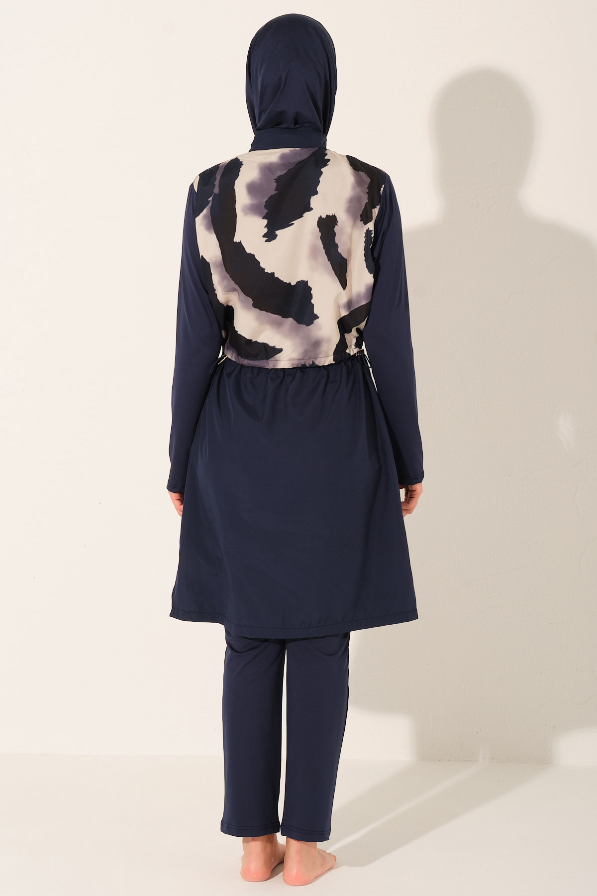 Alfasa Kadın Tam Kapalı Tesettür Mayo Croplu Düz Paça Desenli Fermuarlı - Lacivert - Thumbnail