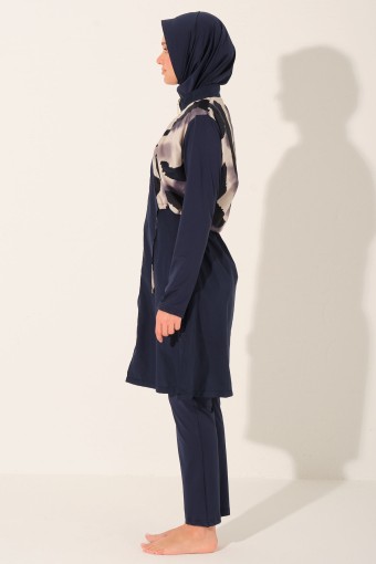 ALFASA - Alfasa Kadın Tam Kapalı Tesettür Mayo Croplu Düz Paça Desenli Fermuarlı - Lacivert (1)