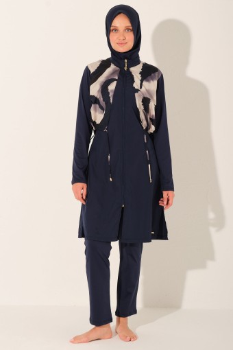 ALFASA - Alfasa Kadın Tam Kapalı Tesettür Mayo Croplu Düz Paça Desenli Fermuarlı - Lacivert
