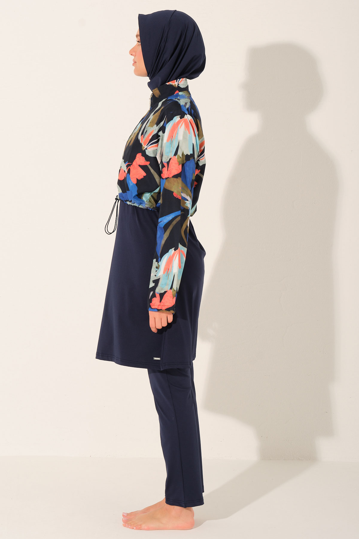 Alfasa Kadın Tam Kapalı Tesettür Mayo Croplu Düz Paça Desenli - Lacivert - Thumbnail