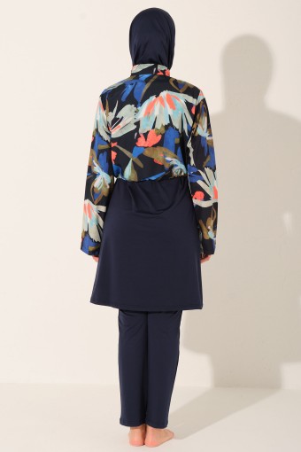 ALFASA - Alfasa Kadın Tam Kapalı Tesettür Mayo Croplu Düz Paça Desenli - Lacivert (1)