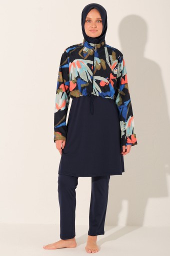 ALFASA - Alfasa Kadın Tam Kapalı Tesettür Mayo Croplu Düz Paça Desenli - Lacivert