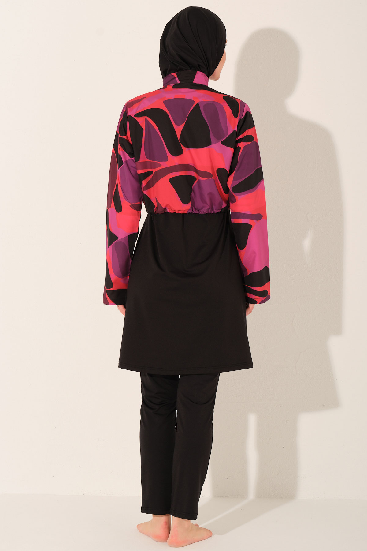 Alfasa Kadın Tam Kapalı Tesettür Mayo Croplu Düz Paça Desenli - Siyah - Thumbnail