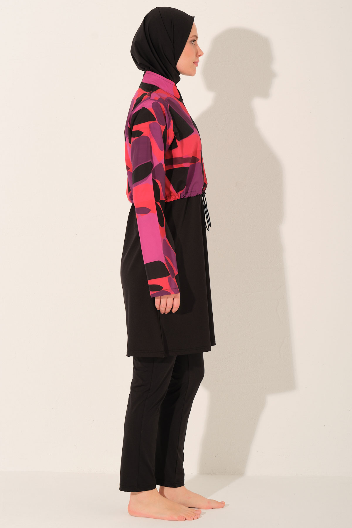 Alfasa Kadın Tam Kapalı Tesettür Mayo Croplu Düz Paça Desenli - Siyah - Thumbnail