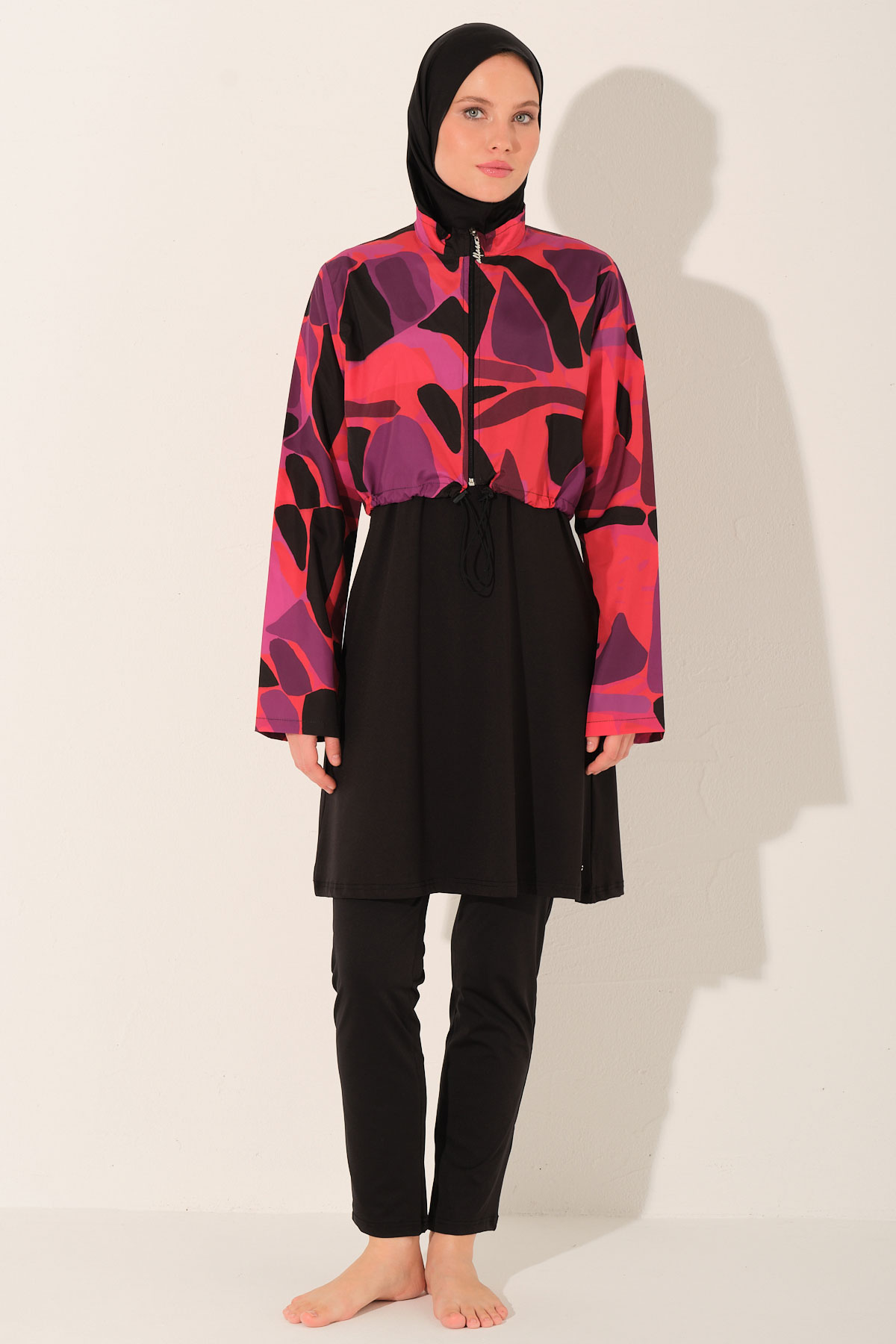 Alfasa Kadın Tam Kapalı Tesettür Mayo Croplu Düz Paça Desenli - Siyah - Thumbnail