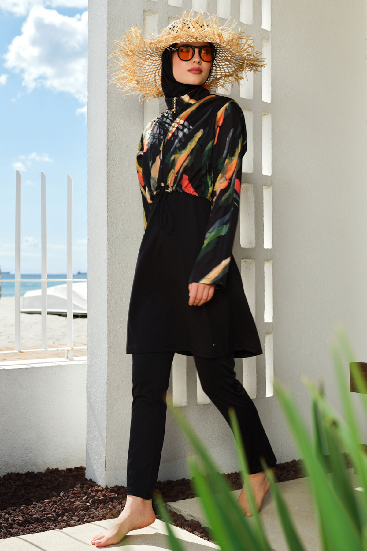 Alfasa Kadın Tam Kapalı Tesettür Mayo Croplu Düz Paça Desenli - Siyah - Thumbnail